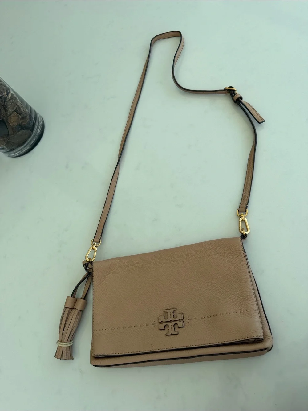 Tory Burch Beige/Tan Pebbled Leather Crossbody with Tassel